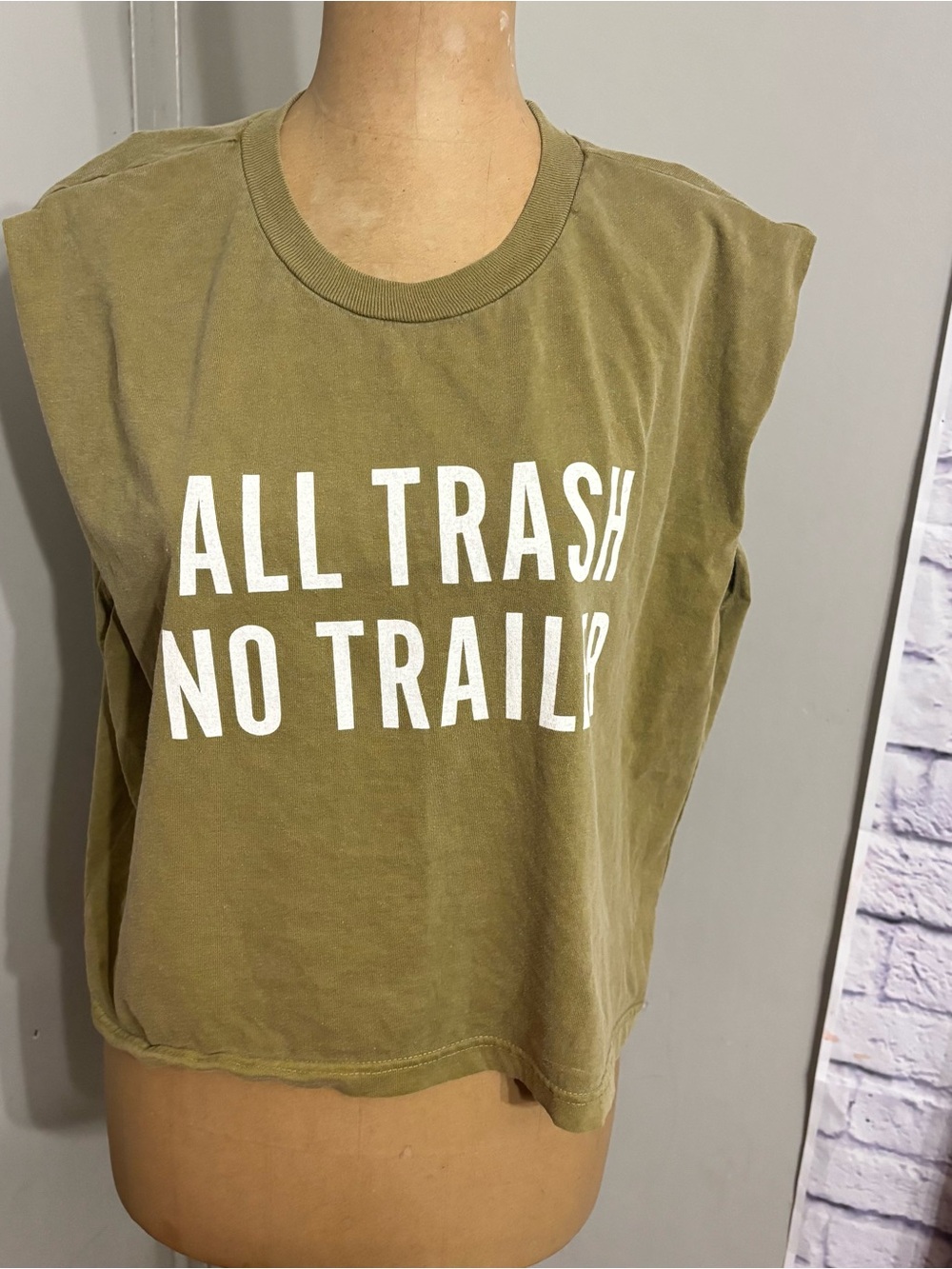 Olive Green Graphic Muscle Tee - "All Trash No Trailer"